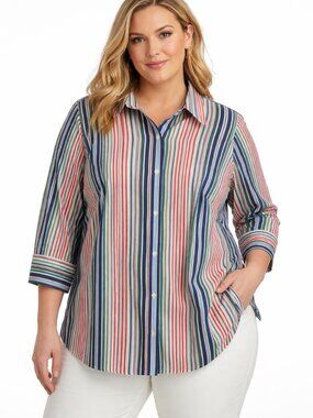 Talbots Top Womens Size 14W Rainbow Stripe Button Down Shirt Preppy Classic